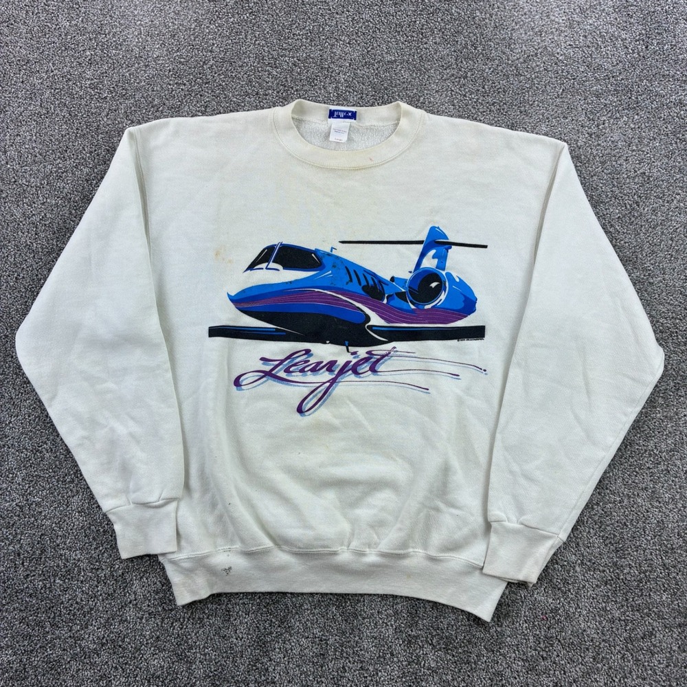 Vintage Learjet Airplane Sweatshirt‎ Mens Large White Bombardier Plane Flight
